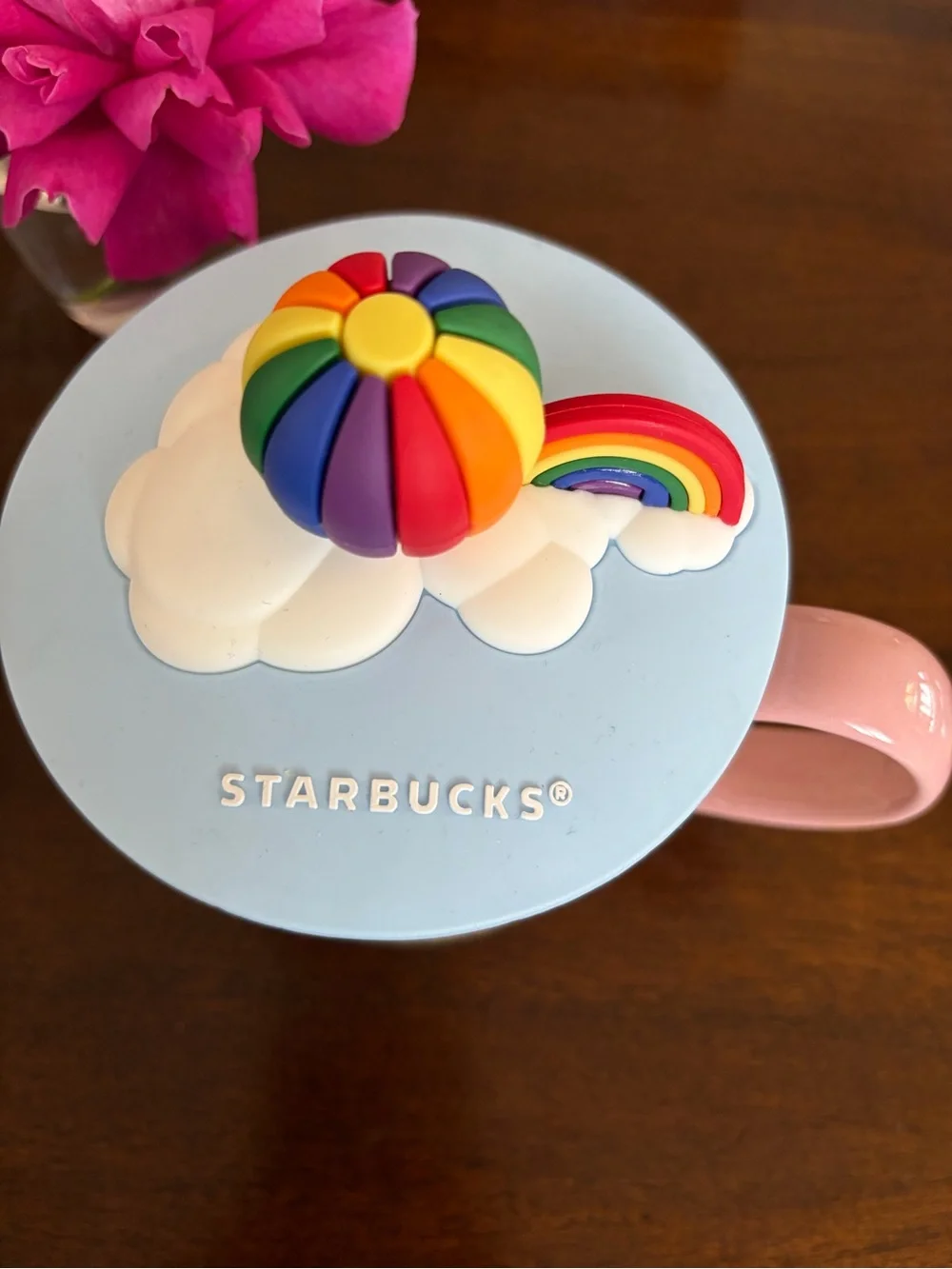 Starbucks Pastel Blue Floral Mug with Rainbow Silicone Topper
